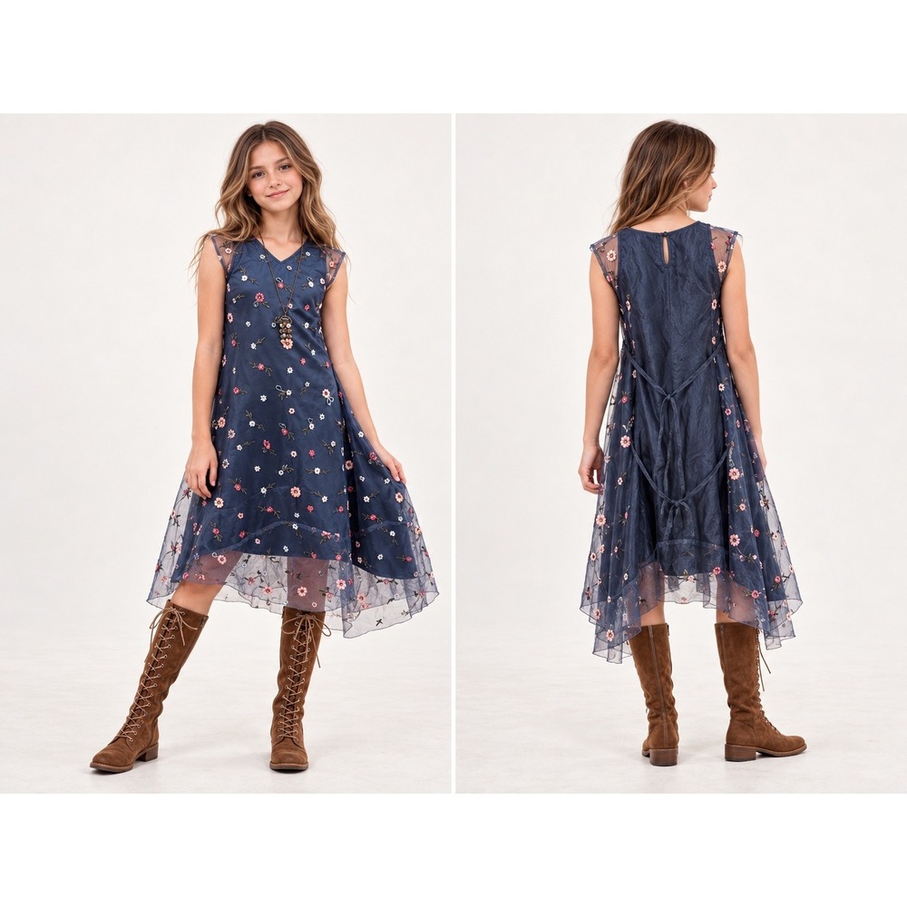Mia Joy Joyfolie Willow Dress Dusty Blue Floral Embroidered Mesh Size 12 NEW $72